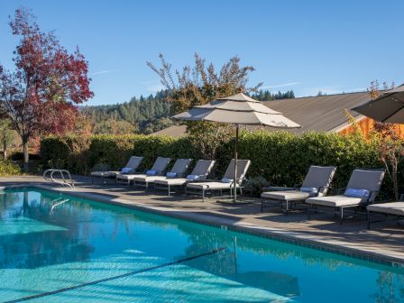 The image shows a serene outdoor pool area with lounge chairs and umbrellas, surrounded by greenery and trees under a clear blue sky.