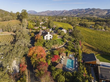 An aerial view of a picturesque countryside with houses, a pool, vibrant autumn trees, and sprawling vineyards set against mountain scenery in the background.