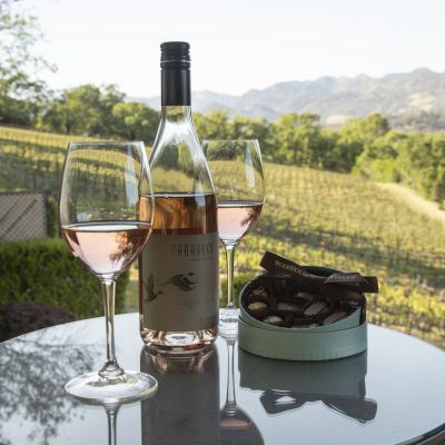 Two glasses of rosé wine and a bottle on a glass table with chocolates, set against a scenic vineyard background and mountains.