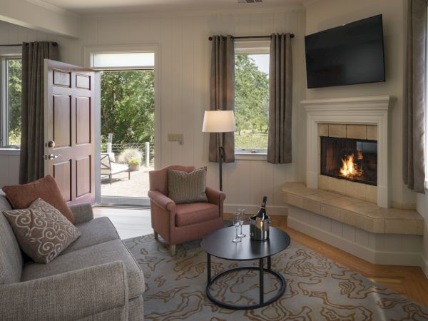 A cozy living room with a fireplace, a TV mounted above it, a sofa, an armchair, and a coffee table with wine, opening to a patio with greenery outside.