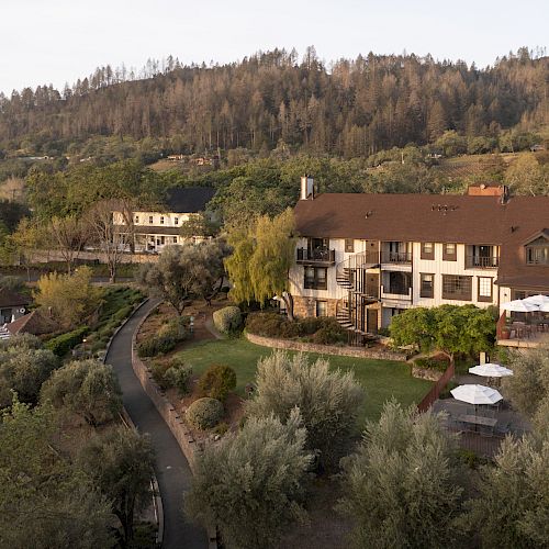 Aerial view of a large house with a lush garden, surrounding trees, and a swimming pool, set against a backdrop of hills and greenery.