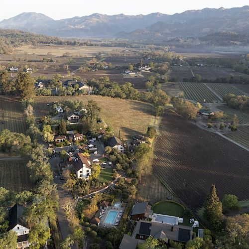 An aerial view of a rural area with vineyards, houses, greenery, and mountains in the background, under a clear sky, ending the sentence.